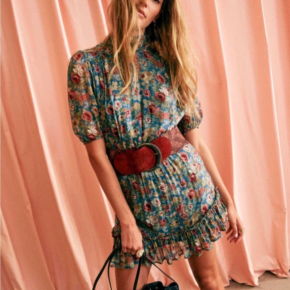 Sezane Floral Dress with Red Belt